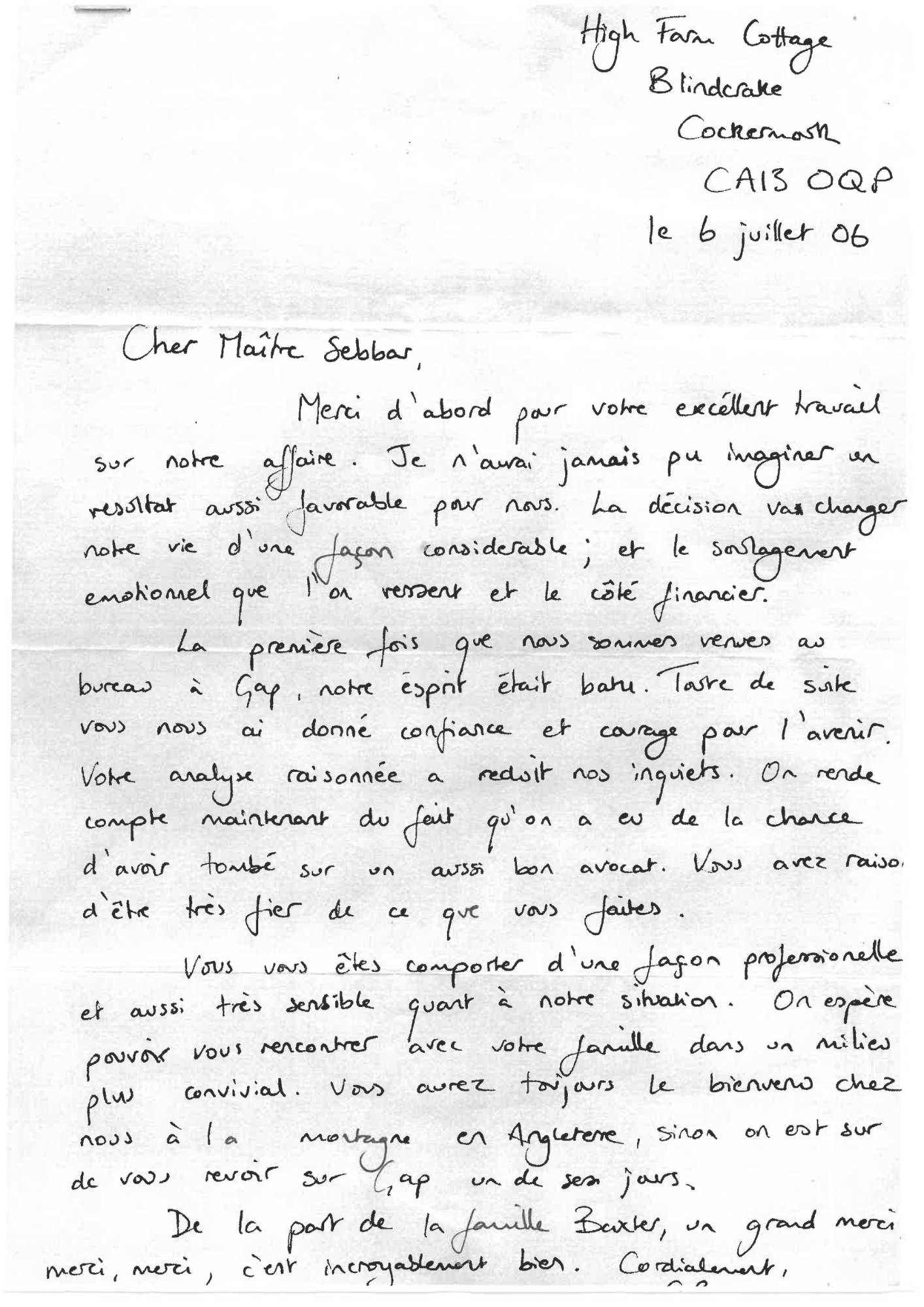 Lettre de remerciement n°1 – Maître Sebbar